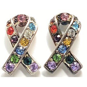 Olit USA Multi Color Crystal Ribbon of Hope Pin Lot 2 Silver Tone Awareness VTG